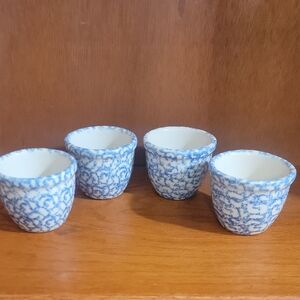 Set Of 4 Vintage Bel-Terr Blue Spongeware Custard Cups Made In USA